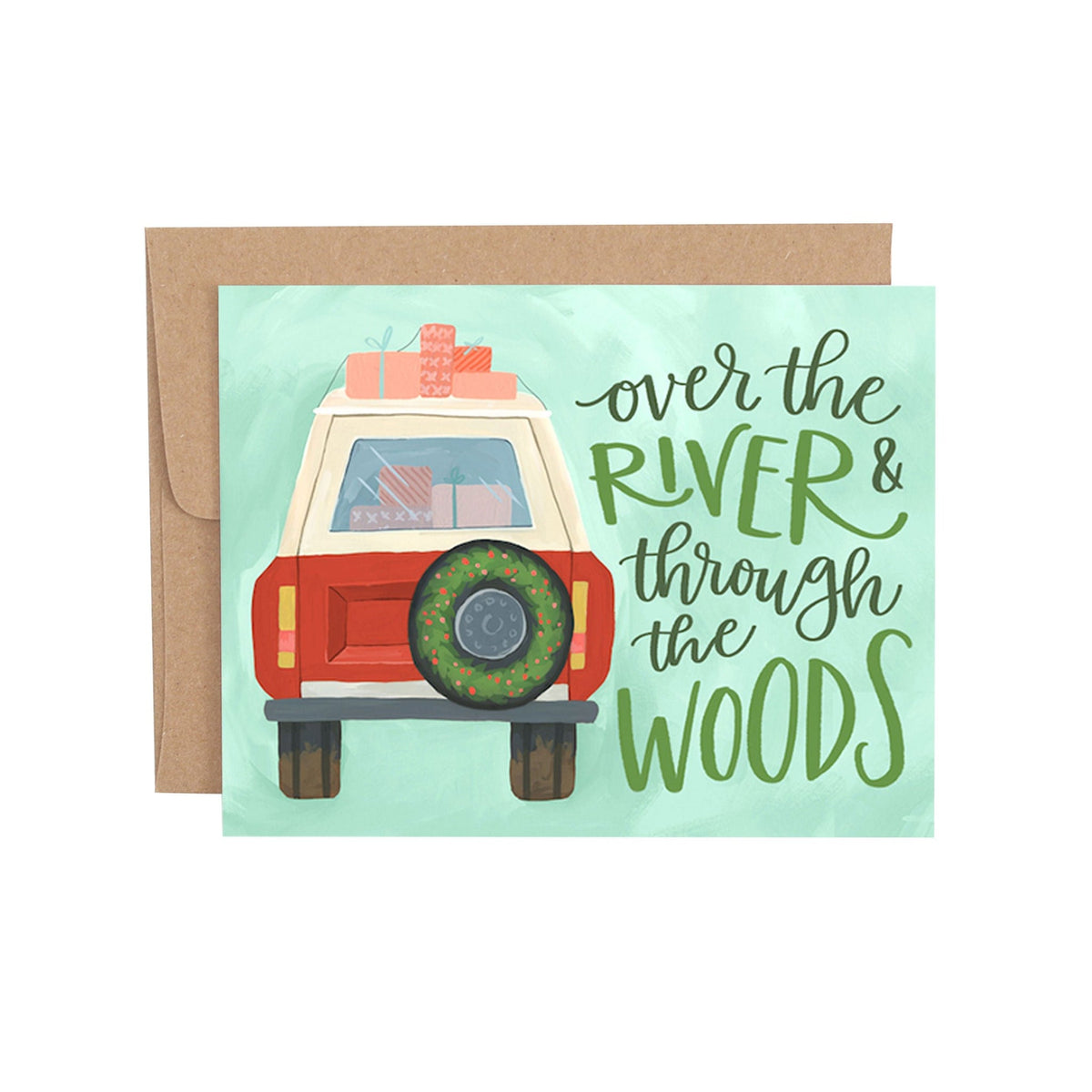 1Canoe2 Holiday Jeep card with illustrated jeep carrying a Christmas tree, Patina Vancouver