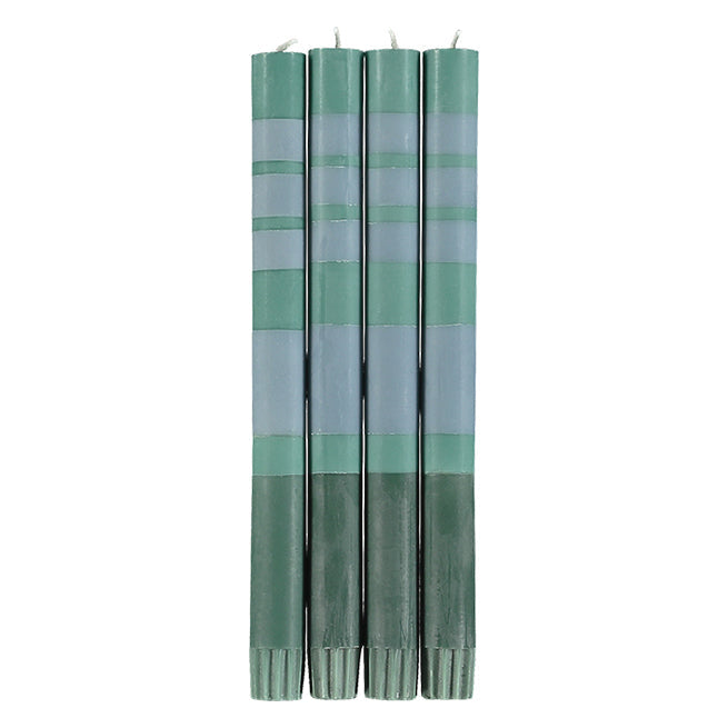 British Colour Standard striped dinner candles in Beryl, Bokara and Moonstone bands, Patina Vancouver