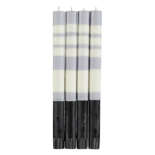 British Colour Standard striped dinner candles in jet, pearl and dove, Patina Vancouver