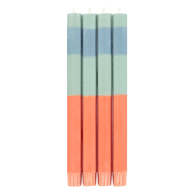 British Colour Standard striped dinner candles in Opaline, Pompadour and Rust bands, Patina Vancouver