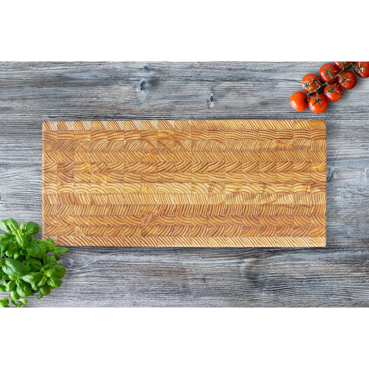 Larchwood buffet board in end-grain larch wood, Patina Vancouver