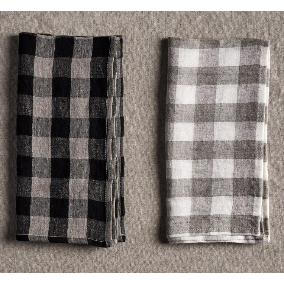 Linen Way Tuile linen tea towel in black and taupe check, 19 x 28 inch, Patina Vancouver
