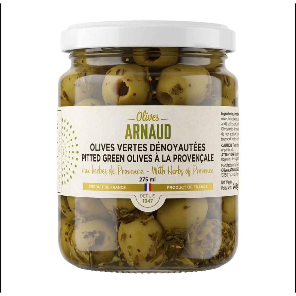 Olives Arnaud pitted green olives with herbes de Provence, 130 g jar, Patina Vancouver