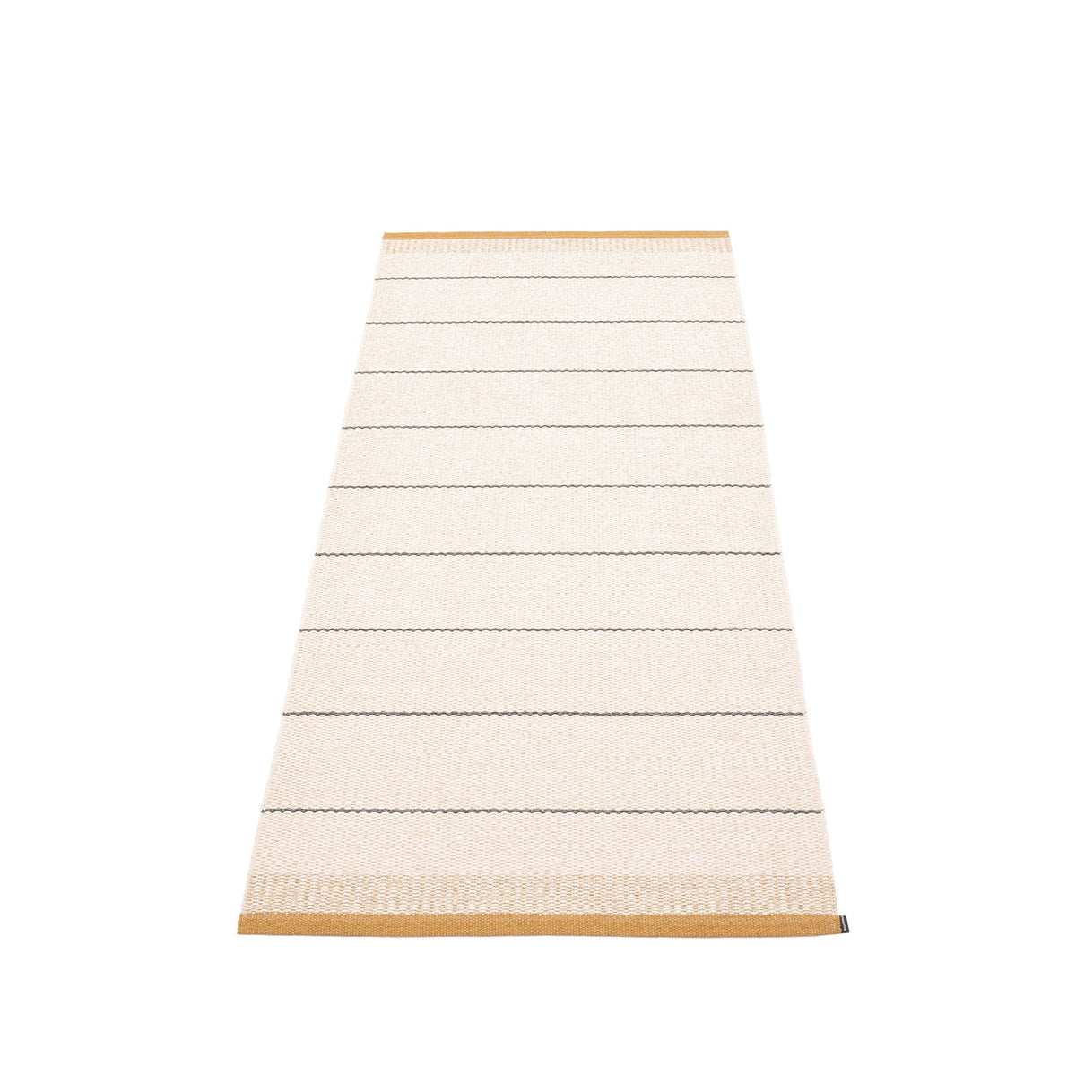 Pappelina Belle woven rug with cream and grey stripes and ochre border, 60 x 85 cm, Patina Vancouver