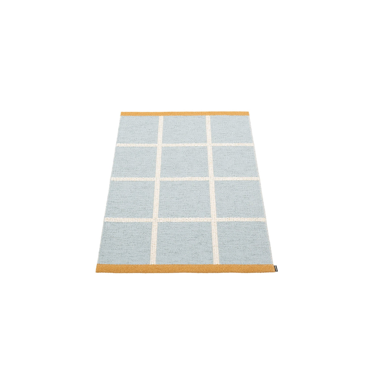 Pappelina Criss Pop woven rug in blue fog and vanilla with ochre edge, 70 x 100 cm, Patina Vancouver