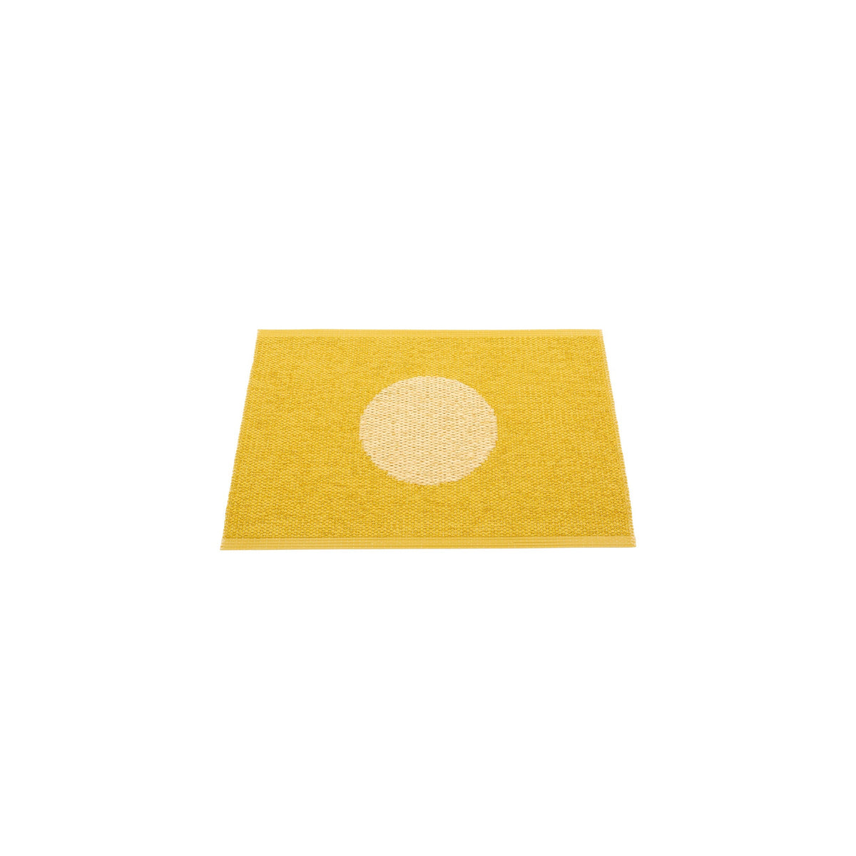 Pappelina Vera Pop woven PVC rug in mustard and yellow with raised circles, 70 x 120 cm, Patina Vancouver