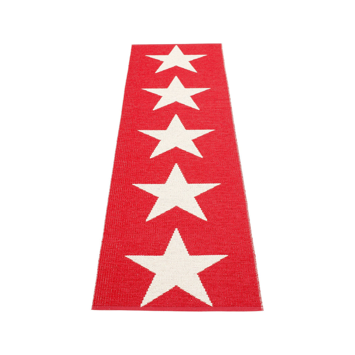 Pappelina Viggo woven PVC rug with a graphic red star on white, 70 x 90 cm, Patina Vancouver