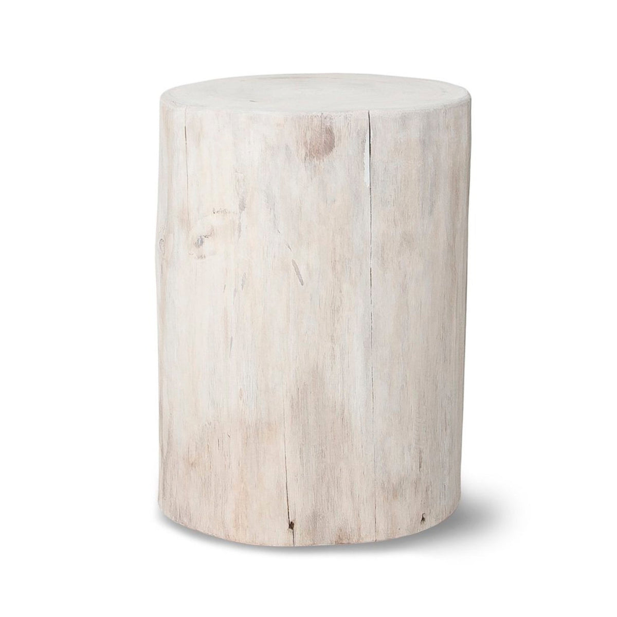 White washed Style in Form Nova wood stump side table, alternate view, Patina Vancouver
