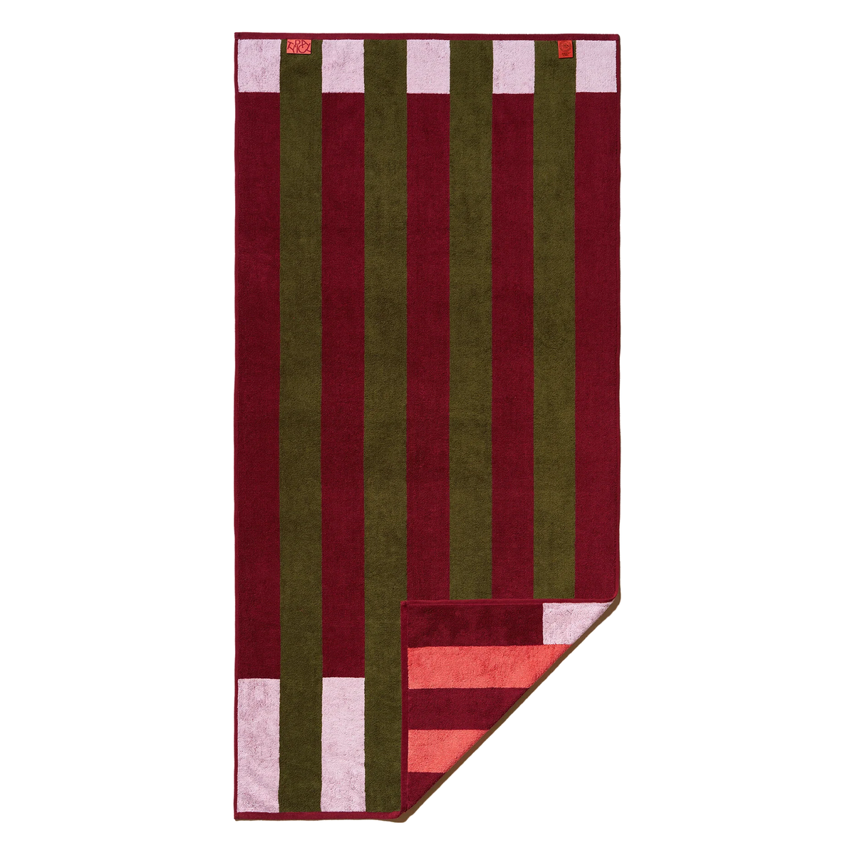Typical Towels offset stripe towel in petal pink, cabernet burgundy and moss green, Patina Vancouver