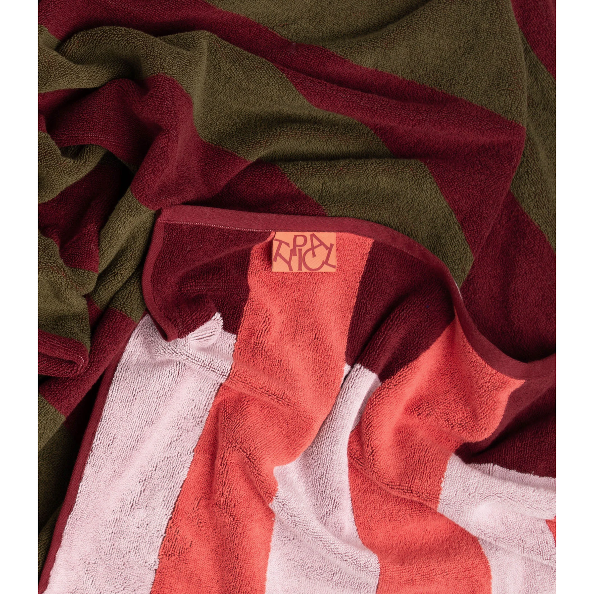 Typical Towels offset stripe towel, pink, burgundy and moss green, alternate view, Patina Vancouver