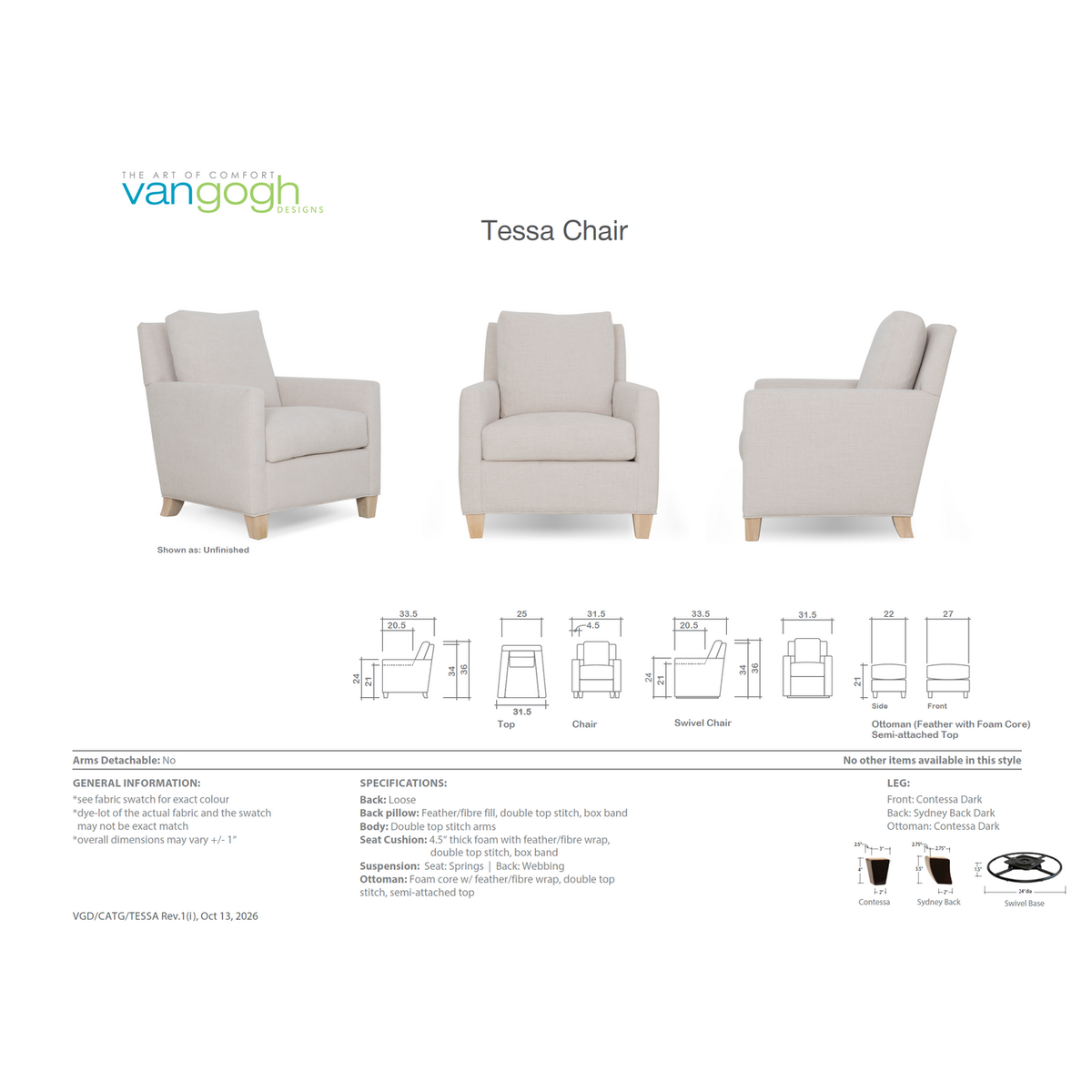 Van Gogh Designs Tessa swivel chair dimension drawing, Patina Vancouver