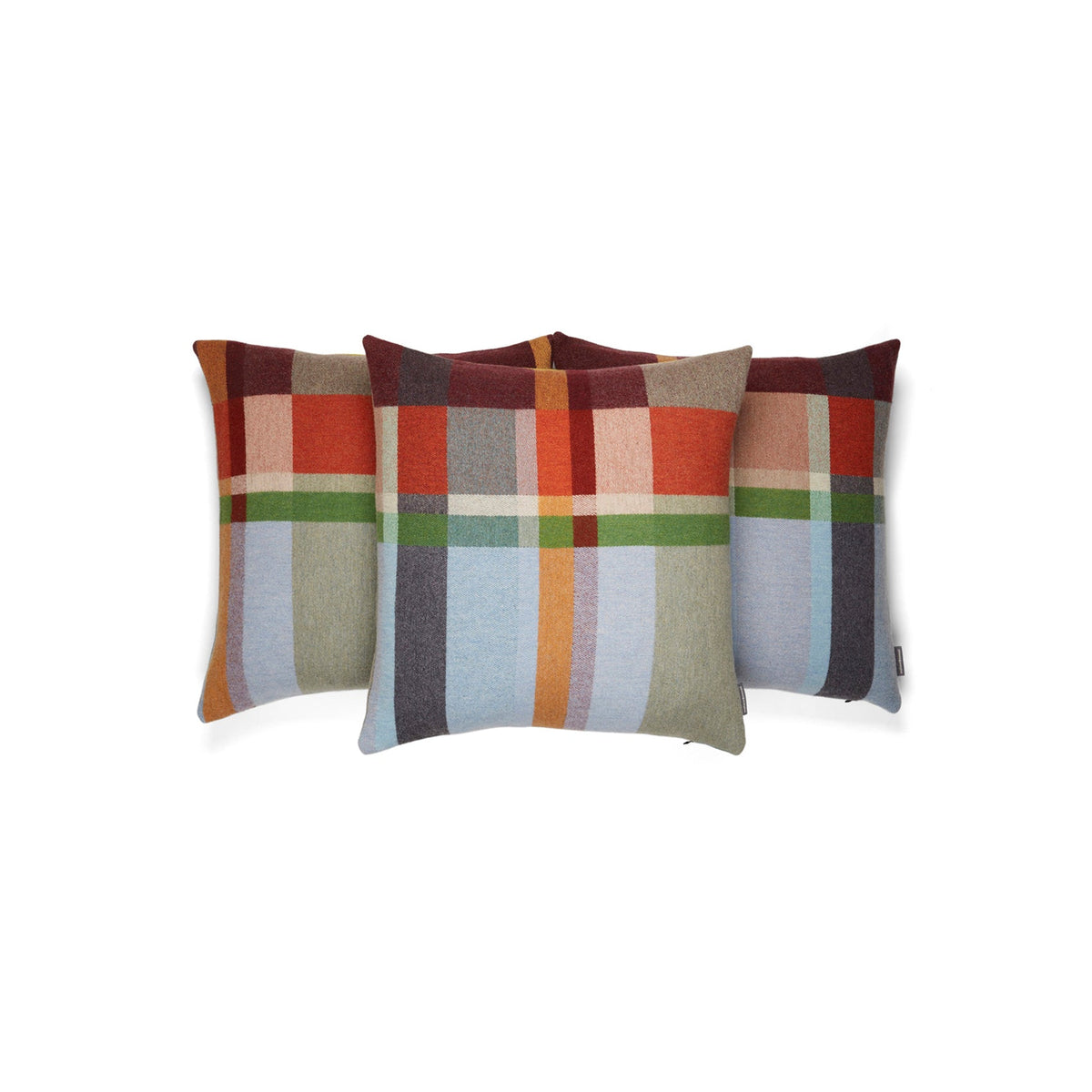 Wallace Sewell Feilden colour-block merino lambswool cushion cover in teal, green and pale blue, Patina Vancouver