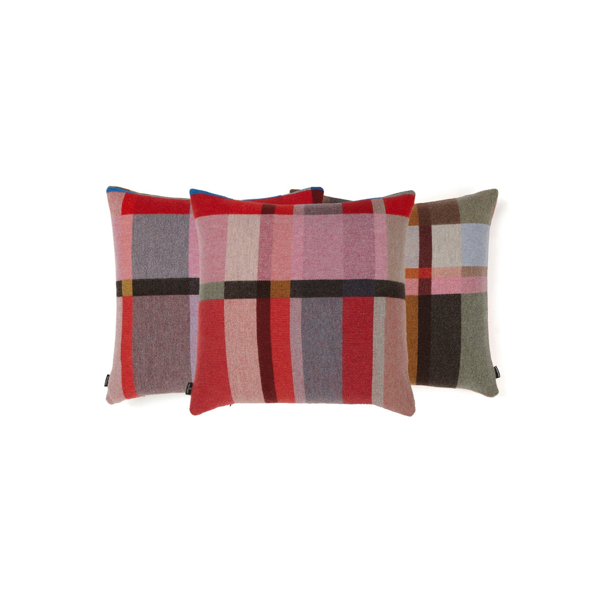Wallace Sewell Lasdun block cushion cover in red, charcoal and pink lambswool, Patina Vancouver