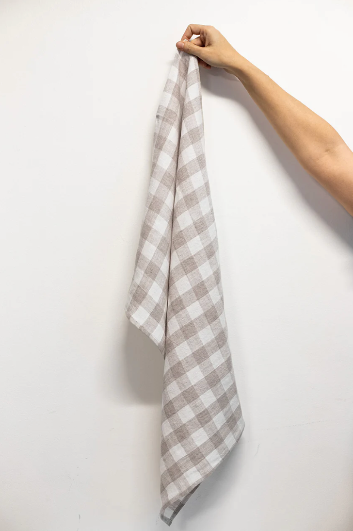 Linen Way Tuile Tea Towels Taupe with Ivory Checks
