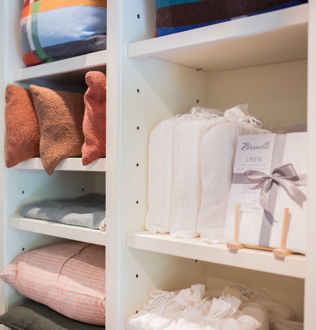 Linen bedding display at Patina Home Interiors, Whistler