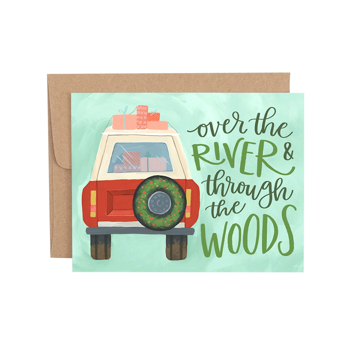 1Canoe2 Holiday Jeep card with illustrated jeep carrying a Christmas tree, Patina Vancouver