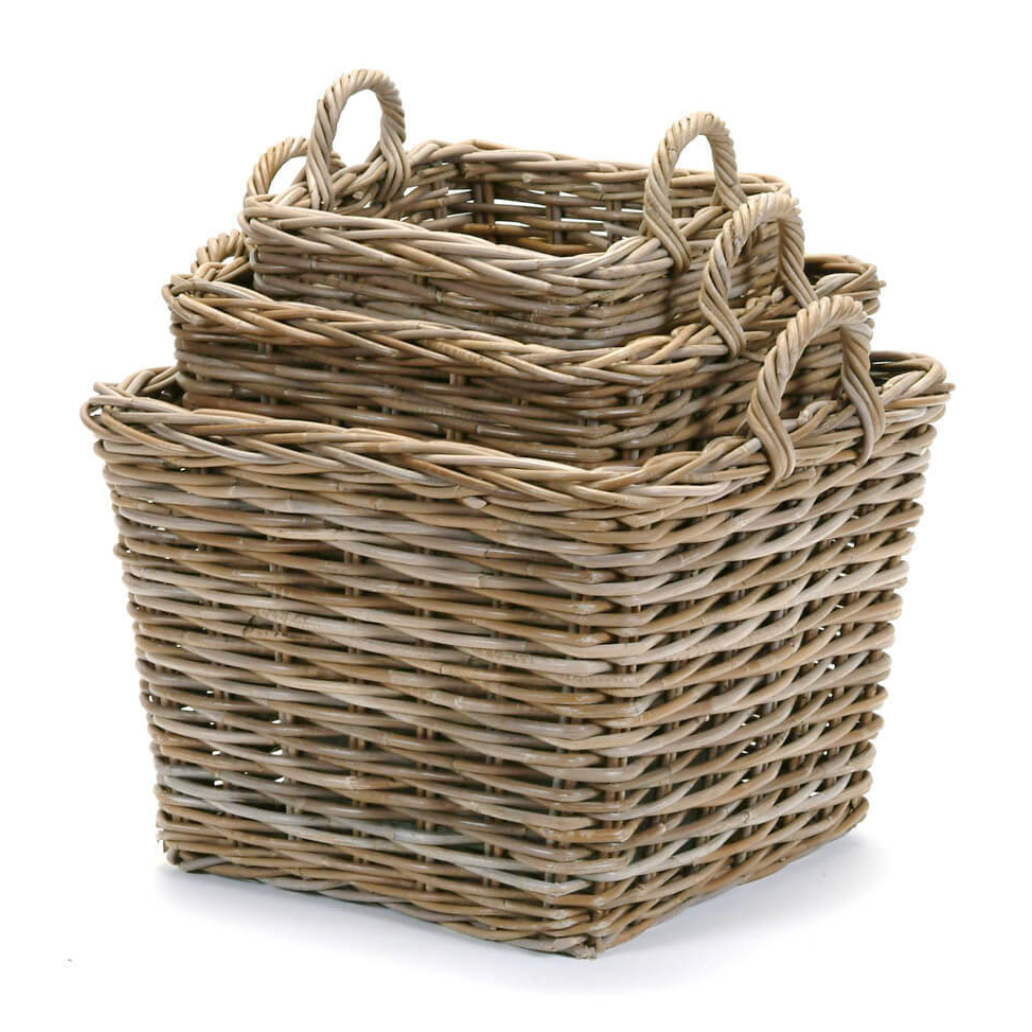 Bacon Basketware square storage basket in grey rattan, Patina Vancouver