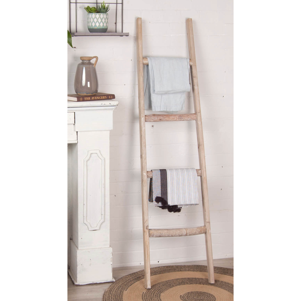 Bacon Basketware whitewashed wood decorative blanket ladder, Patina Vancouver