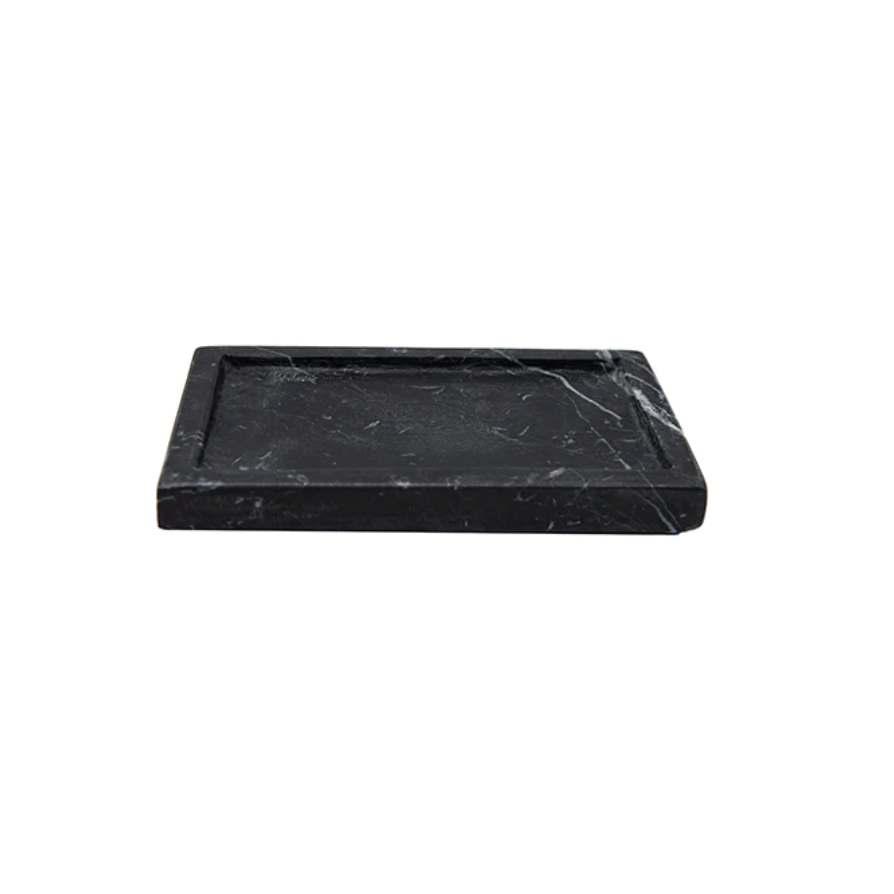 Belle de Provence black marble tray and soap dish with pale veining, Patina Vancouver