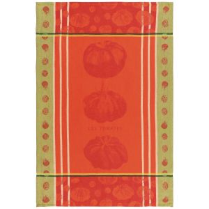 Danica cotton jacquard tea towel with heirloom tomatoes in red and gold, Patina Vancouver