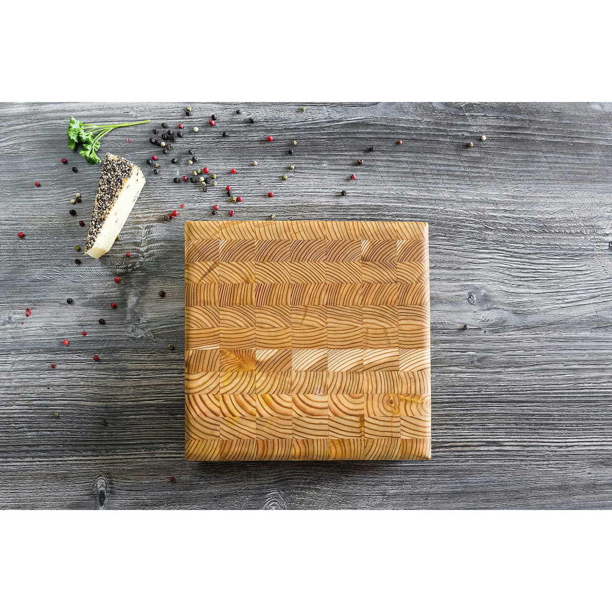 Larchwood square cheese board in end-grain larch wood, Patina Vancouver