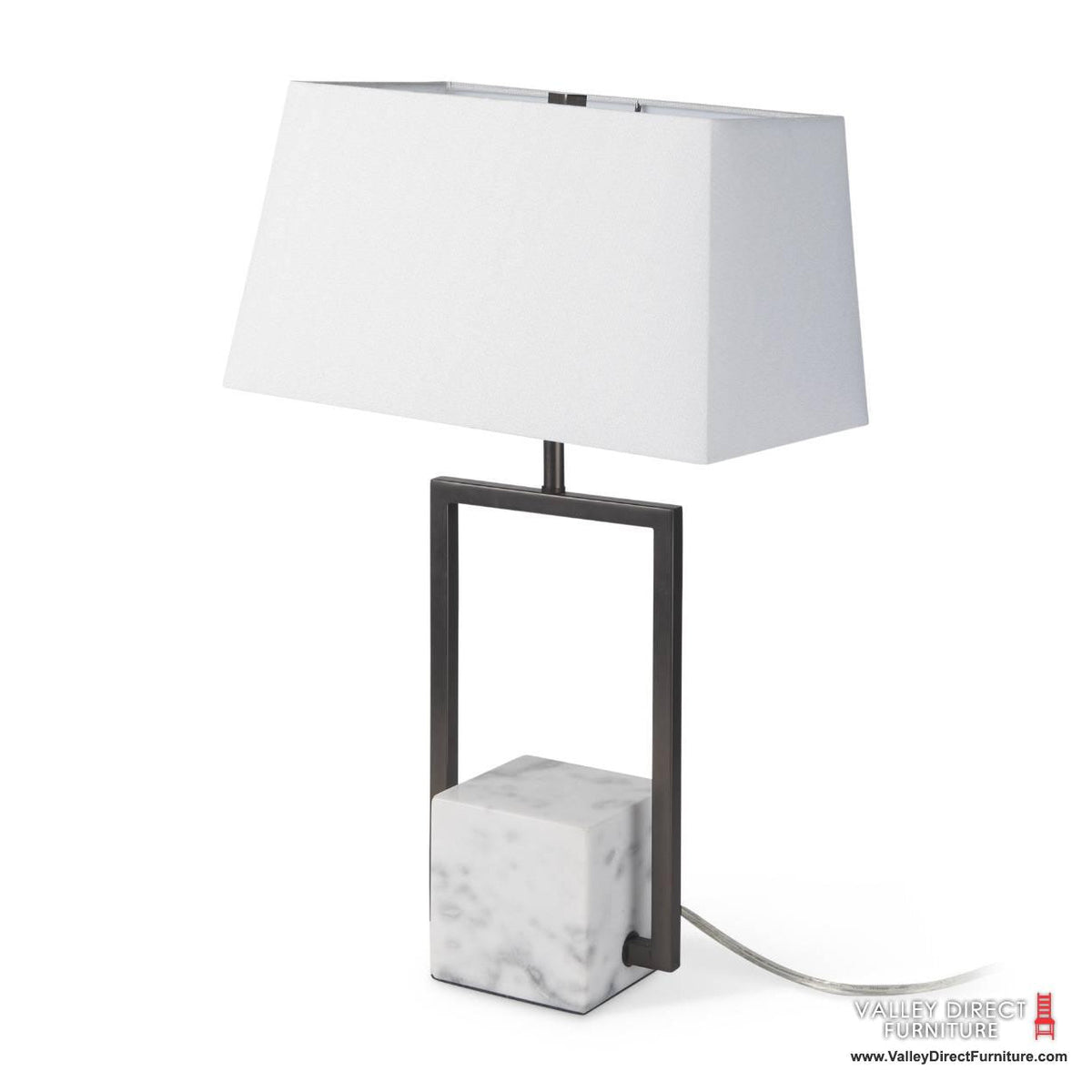 Mercana Payton table lamp with square white marble base and fabric shade, Patina Vancouver