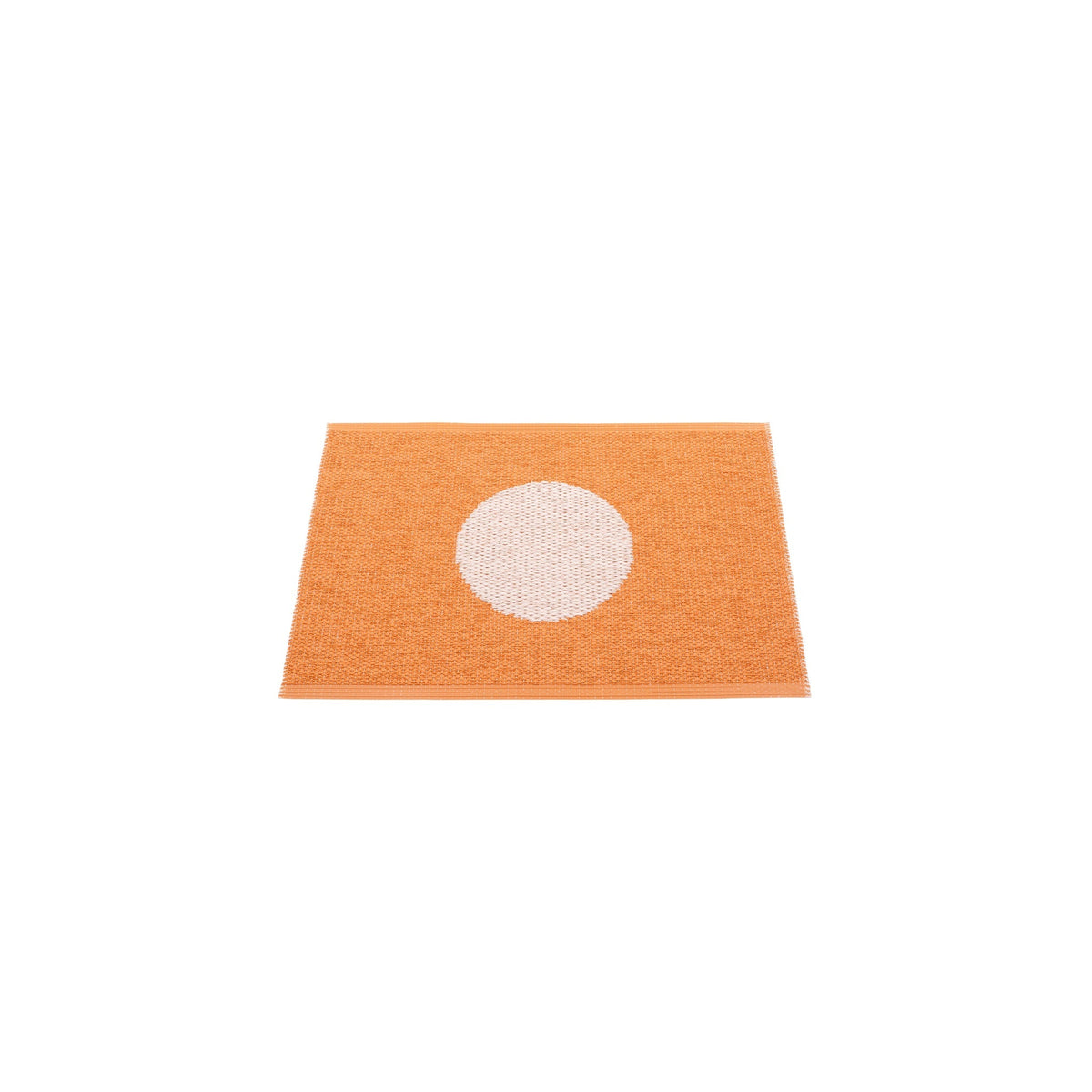 Pappelina Vera Pop woven PVC rug in pale orange and piglet pink with raised circles, 70 x 120 cm, Patina Vancouver