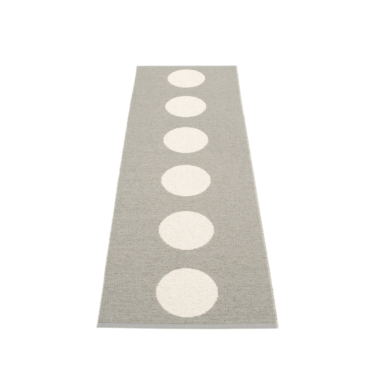 Pappelina Vera woven runner rug in warm grey and cream circle pattern, 70 x 225 cm, Patina Vancouver