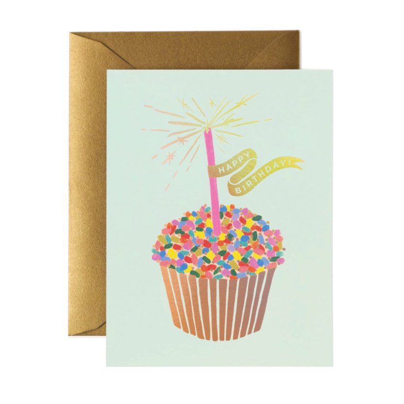 Rifle Paper Co. Happy Birthday card with a hand-painted cupcake and candle, Patina Vancouver