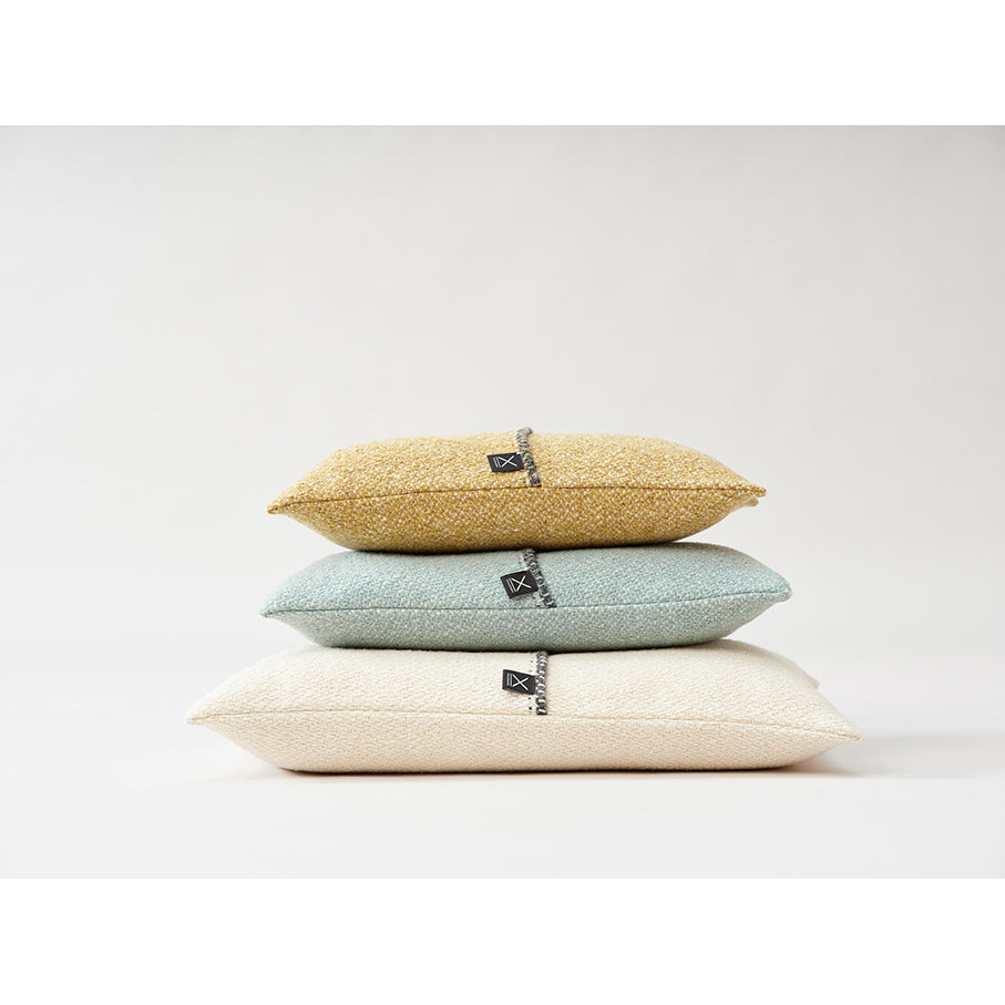 Teixidors Hydra handwoven merino and silk cushion in grey, mustard and off-white, Patina Vancouver