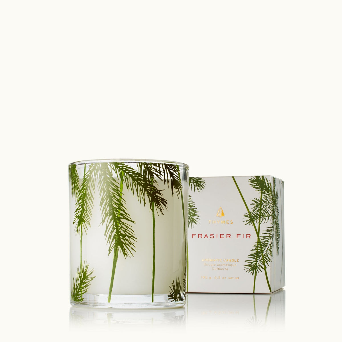 Thymes Frasier Fir votive candle in pine needle glass, Patina Vancouver