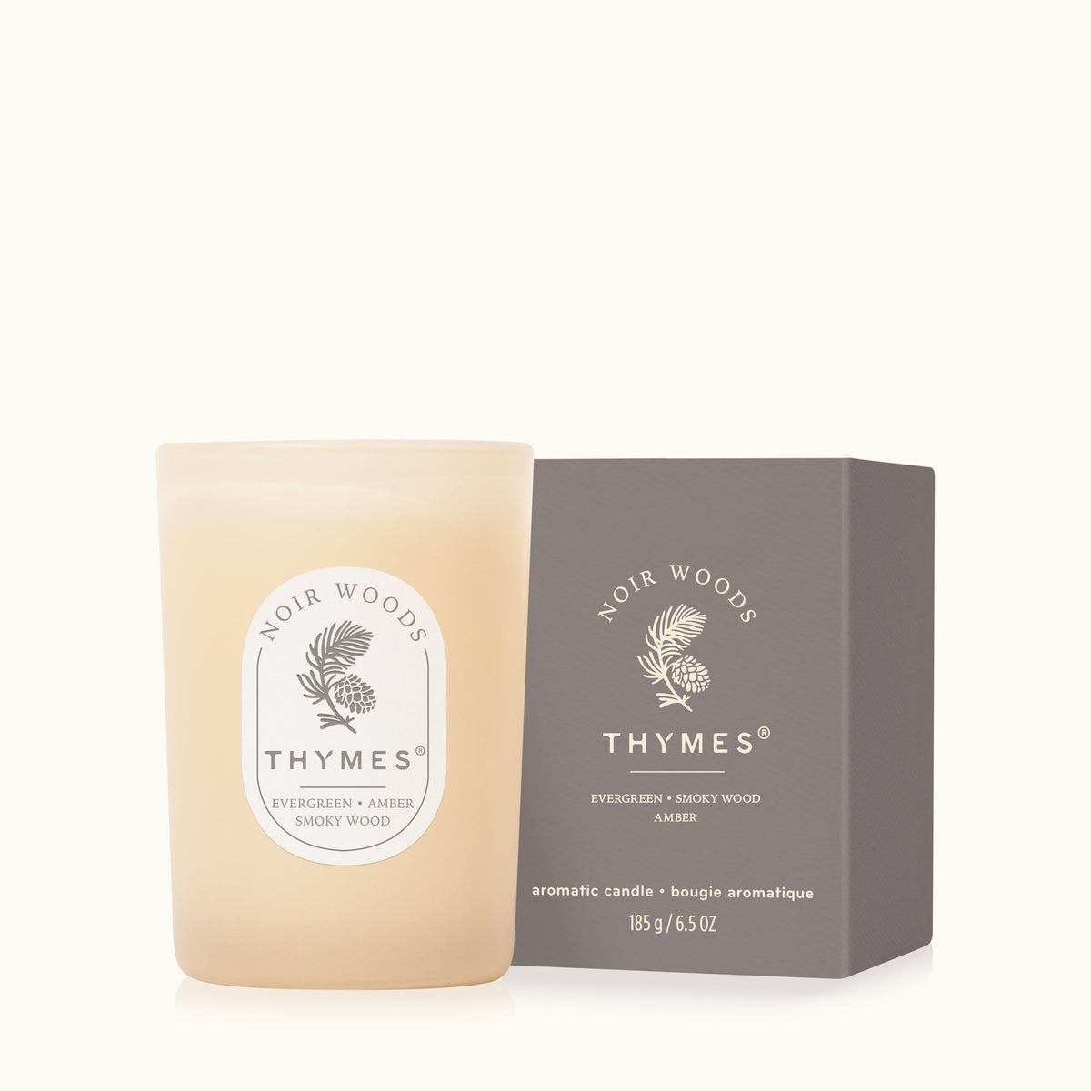 Thymes Noir Woods boxed candle, 6.5 oz glass jar with woody scent, Patina Vancouver