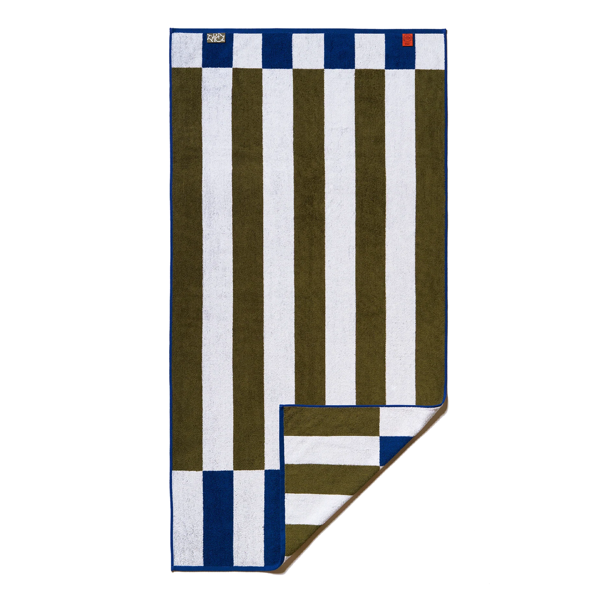 Typical Towels offset stripe towel in studio navy, moss green and workshop white, Patina Vancouver