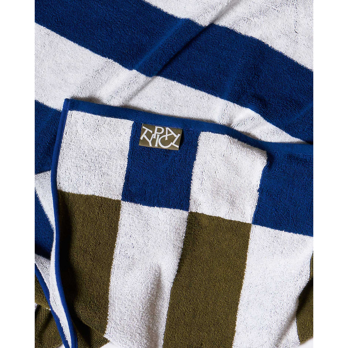 Typical Towels offset stripe towel, navy, moss green and white, alternate view, Patina Vancouver