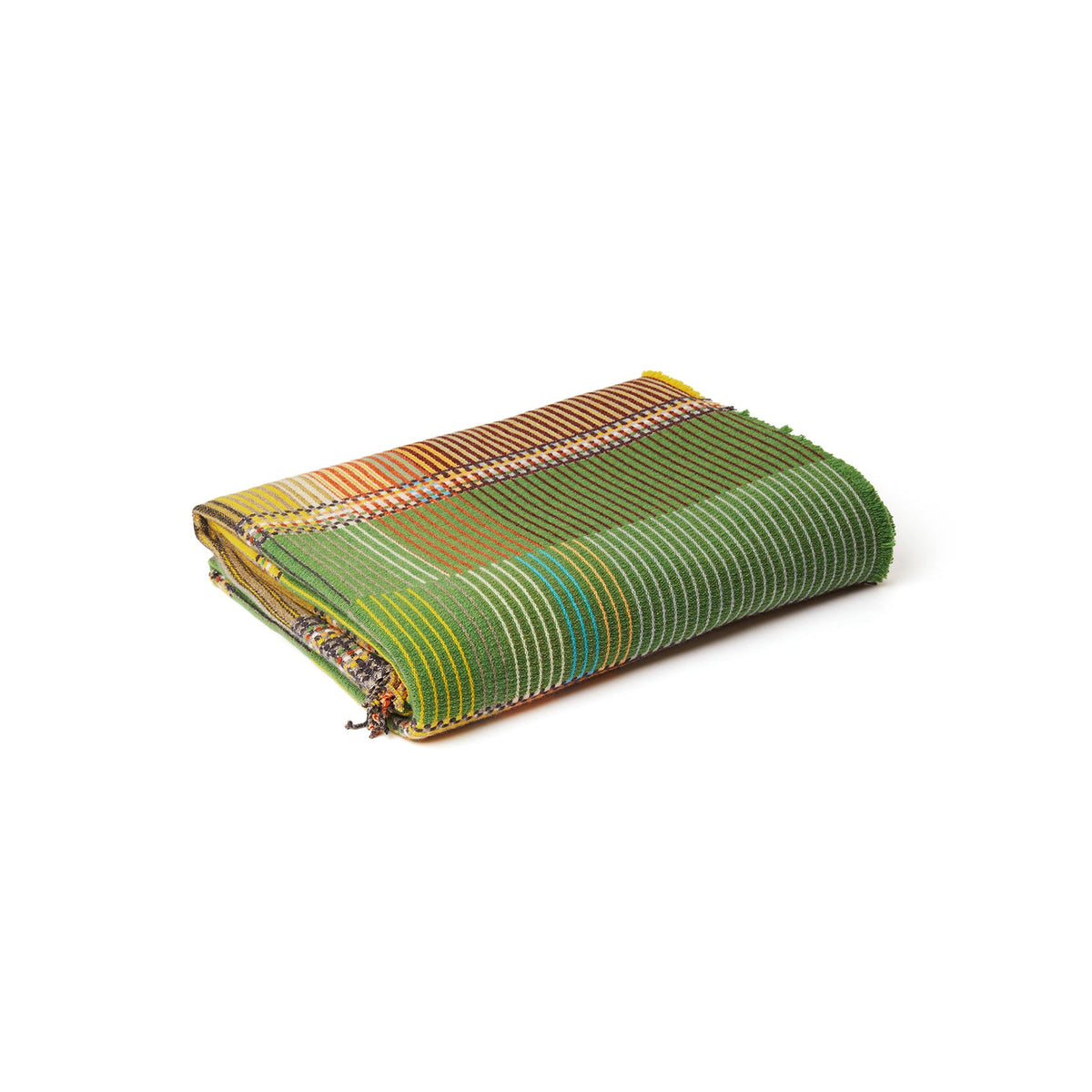 Wallace Sewell Watson pinstripe throw in green, yellow and grey merino lambswool, Patina Vancouver